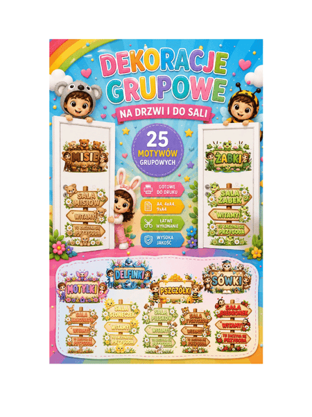 🐨🐸 Dekoracje grupowe na drzwi i do sali 🐯🐰– 25 motywów w jednym pakiecie!